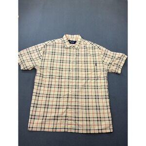 Noon Goons Shirt Mens Medium Beige‎ Plaid Short Sleeve Button Up Cotton